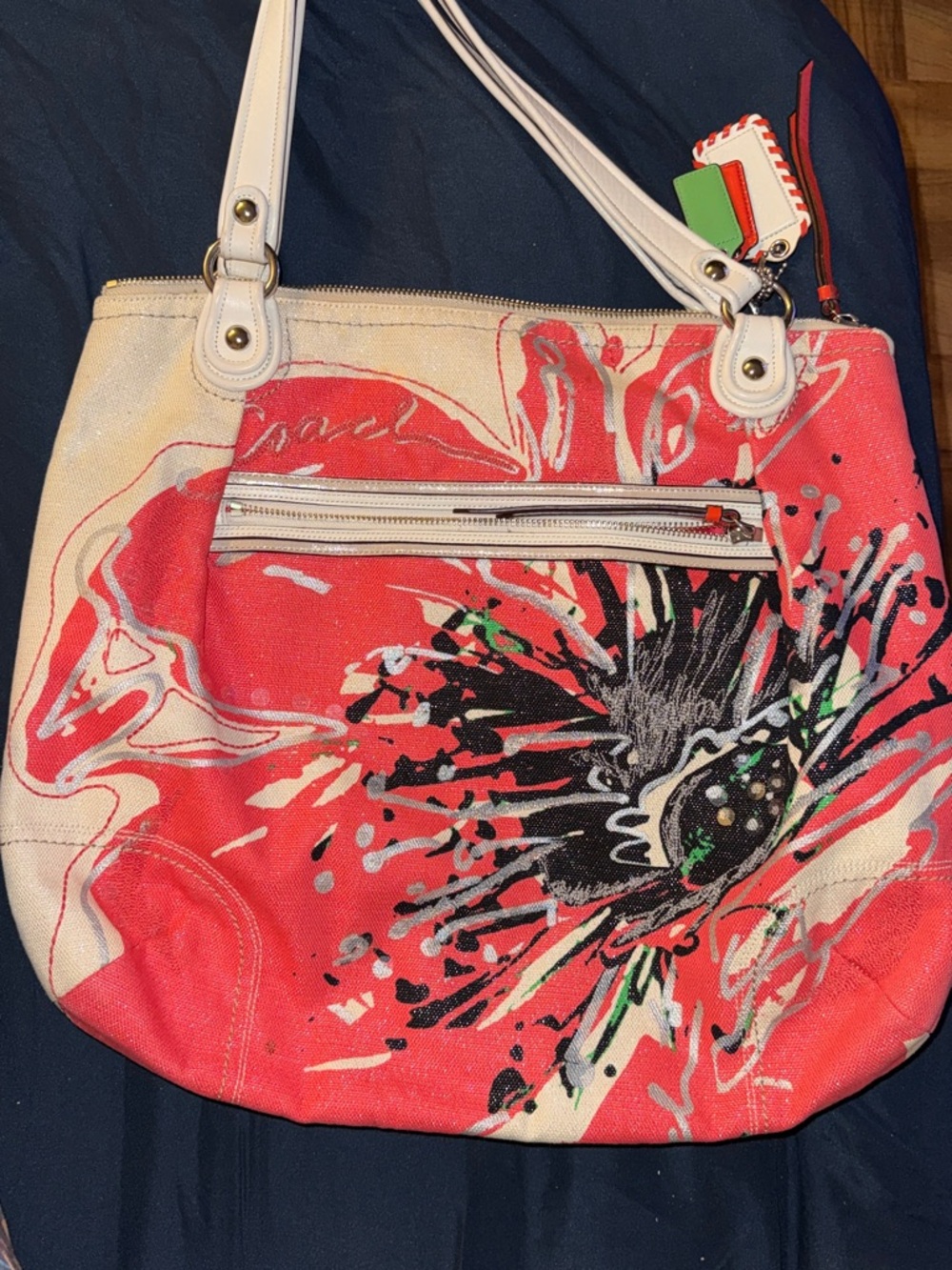 Canvas Floral Tote Bag in Coral and White